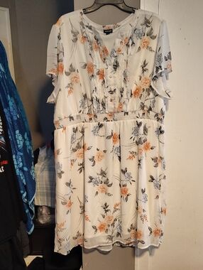 torrid White Floral Mini Dress with Orange and Gray Blooms